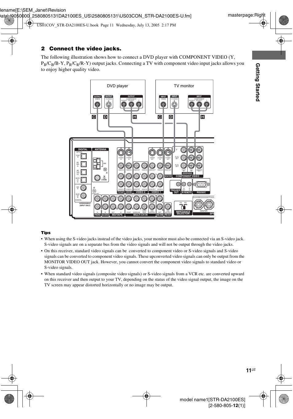 Gettin g star ted, 2connect the video jacks, B-y, p | Tips, Hc d d | Sony STR-DA2100ES User Manual | Page 11 / 68