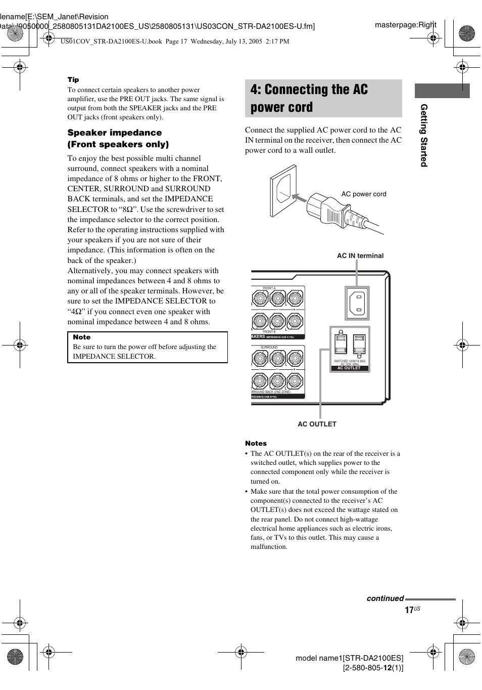 Connecting the ac power cord, Gettin g star ted, Speaker impedance (front speakers only) | Sony STR-DA2100ES User Manual | Page 17 / 68