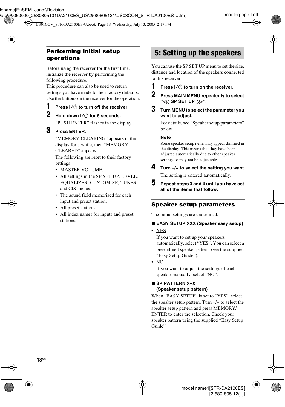 Setting up the speakers | Sony STR-DA2100ES User Manual | Page 18 / 68