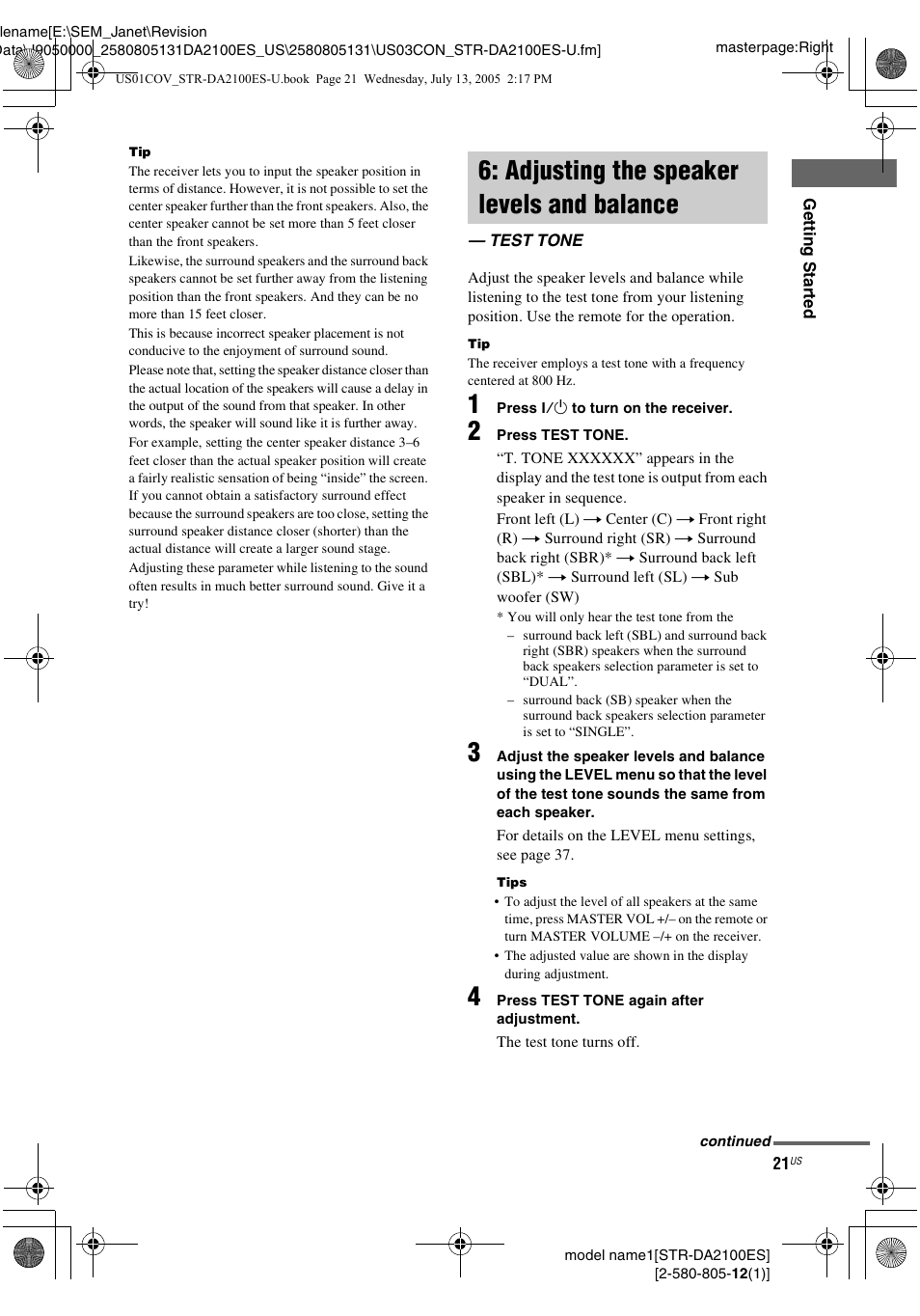Adjusting the speaker levels and balance, Test tone, Adjusting the speaker levels and | Balance — test tone | Sony STR-DA2100ES User Manual | Page 21 / 68