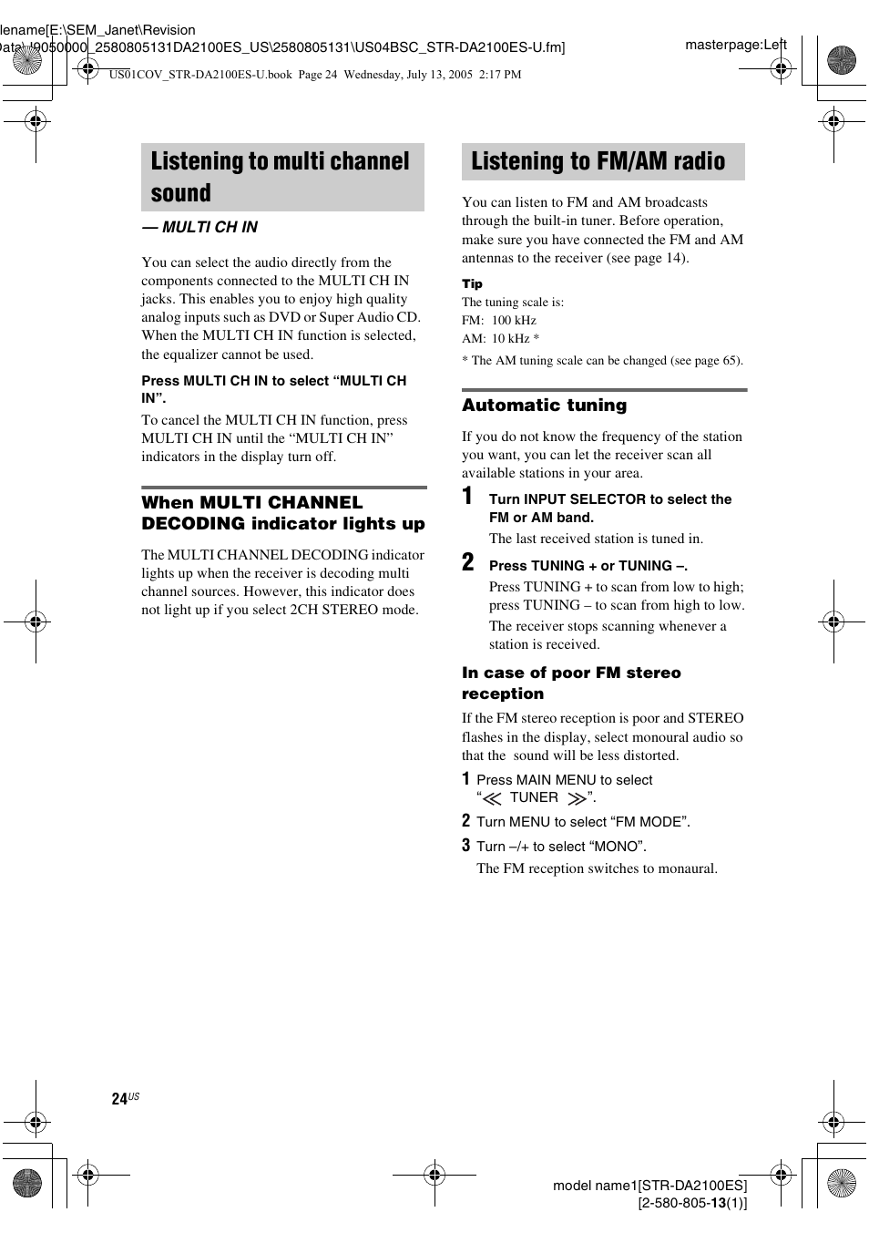 Listening to multi channel sound, Multi ch in, Listening to fm/am radio | Sony STR-DA2100ES User Manual | Page 24 / 68