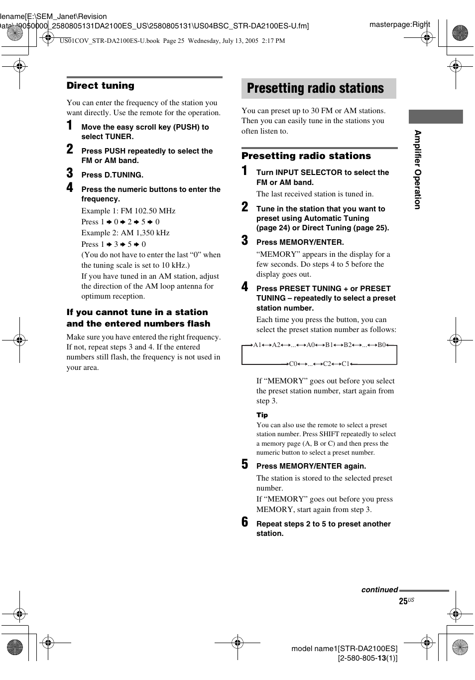 Presetting radio stations | Sony STR-DA2100ES User Manual | Page 25 / 68