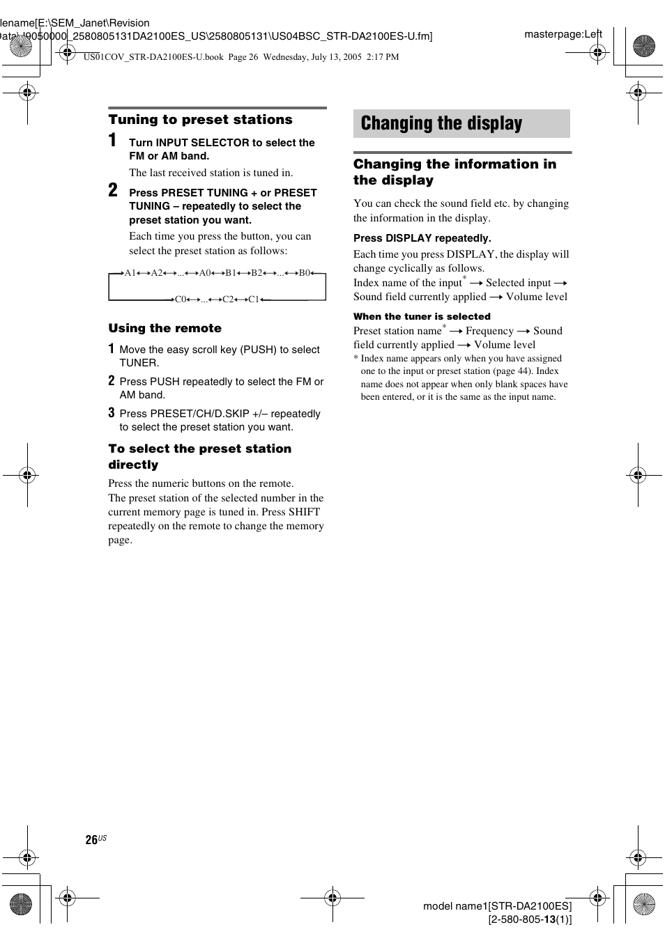 Changing the display | Sony STR-DA2100ES User Manual | Page 26 / 68