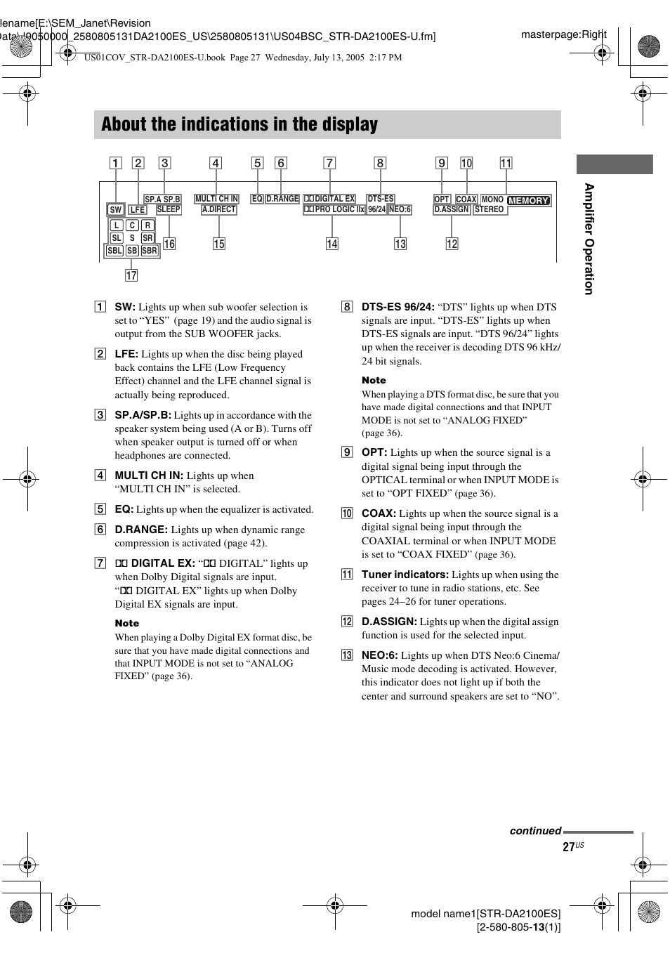 About the indications in the display | Sony STR-DA2100ES User Manual | Page 27 / 68