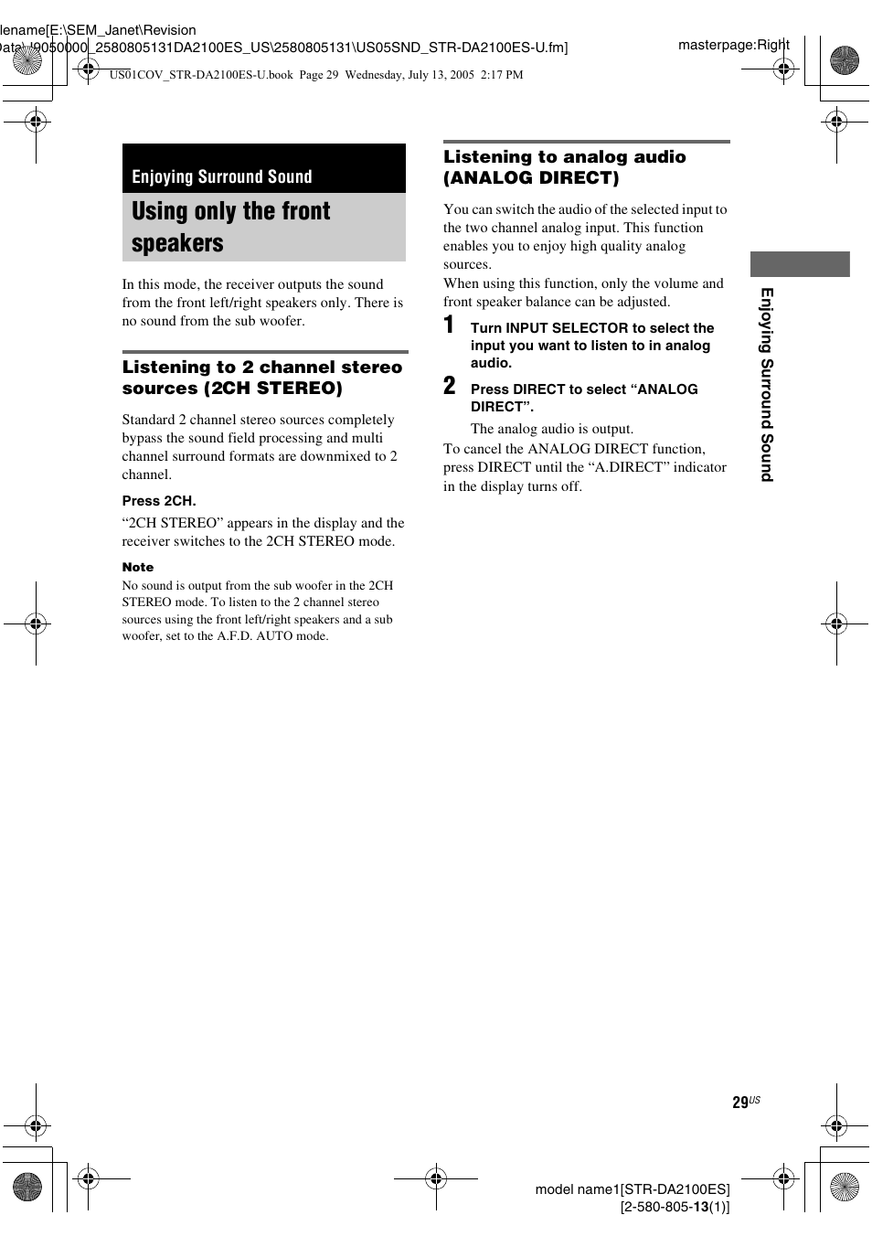 Enjoying surround sound, Using only the front speakers | Sony STR-DA2100ES User Manual | Page 29 / 68