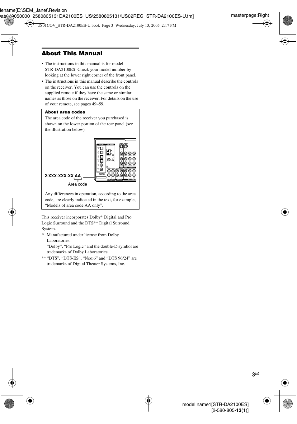 About this manual, About area codes, Xxx-xxx-xx aa | Sony STR-DA2100ES User Manual | Page 3 / 68