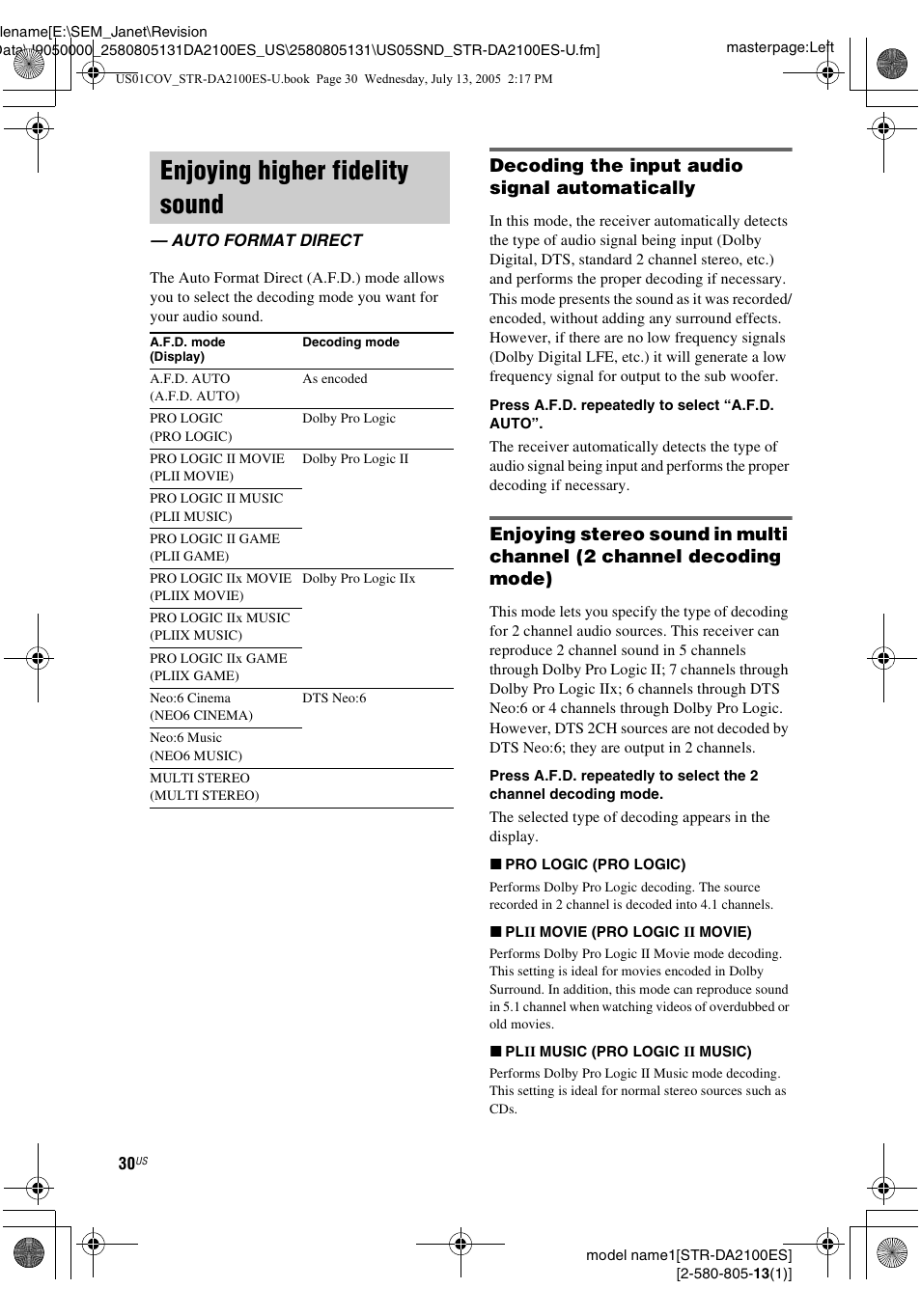 Enjoying higher fidelity sound, Auto format direct, Decoding the input audio signal automatically | Sony STR-DA2100ES User Manual | Page 30 / 68