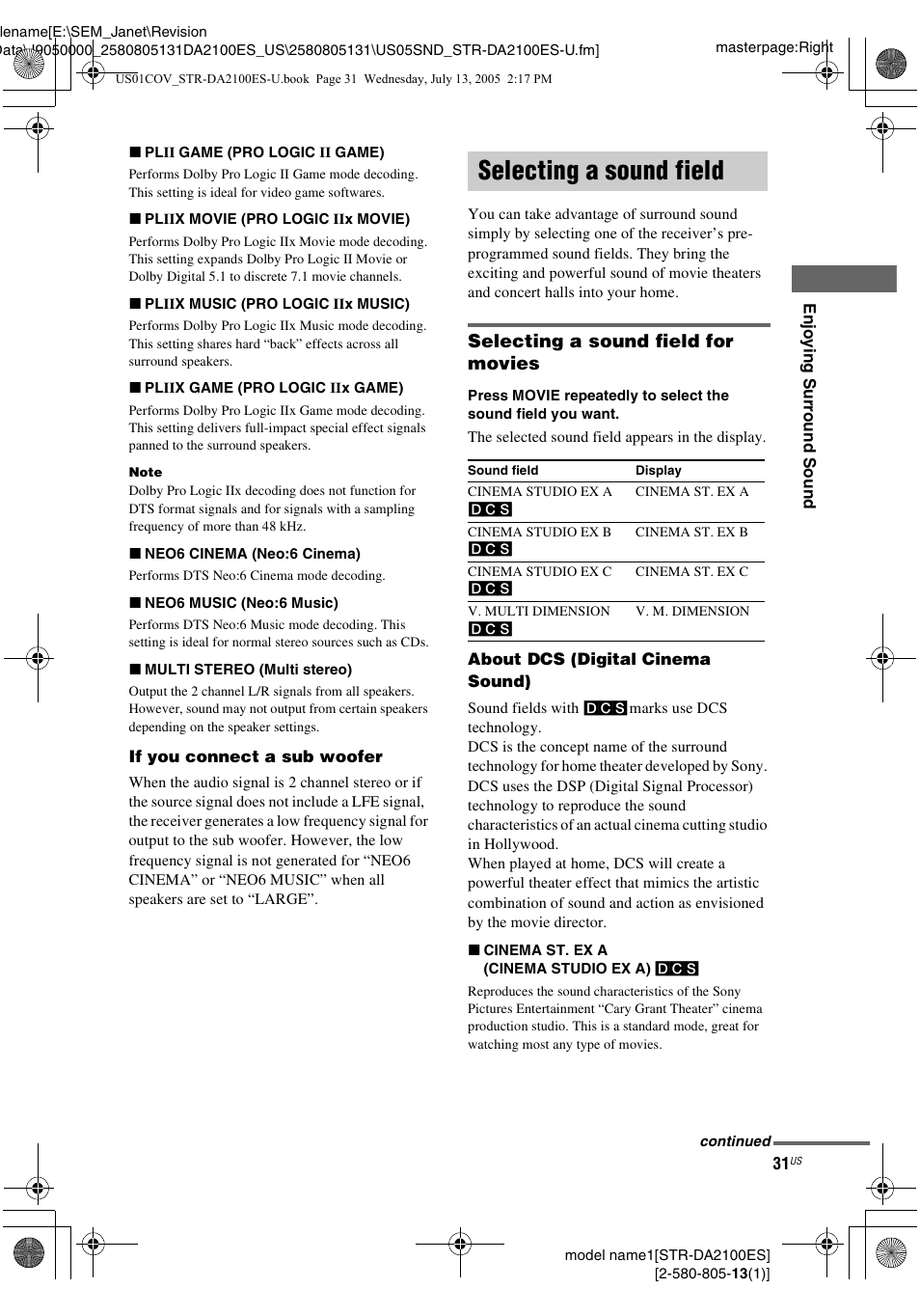 Selecting a sound field, Selecting a sound field for movies | Sony STR-DA2100ES User Manual | Page 31 / 68