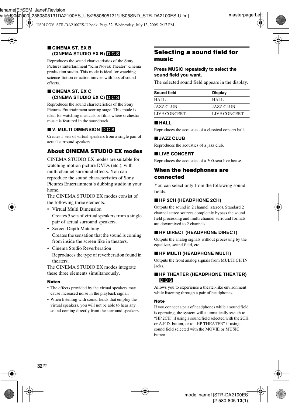 Selecting a sound field for music | Sony STR-DA2100ES User Manual | Page 32 / 68