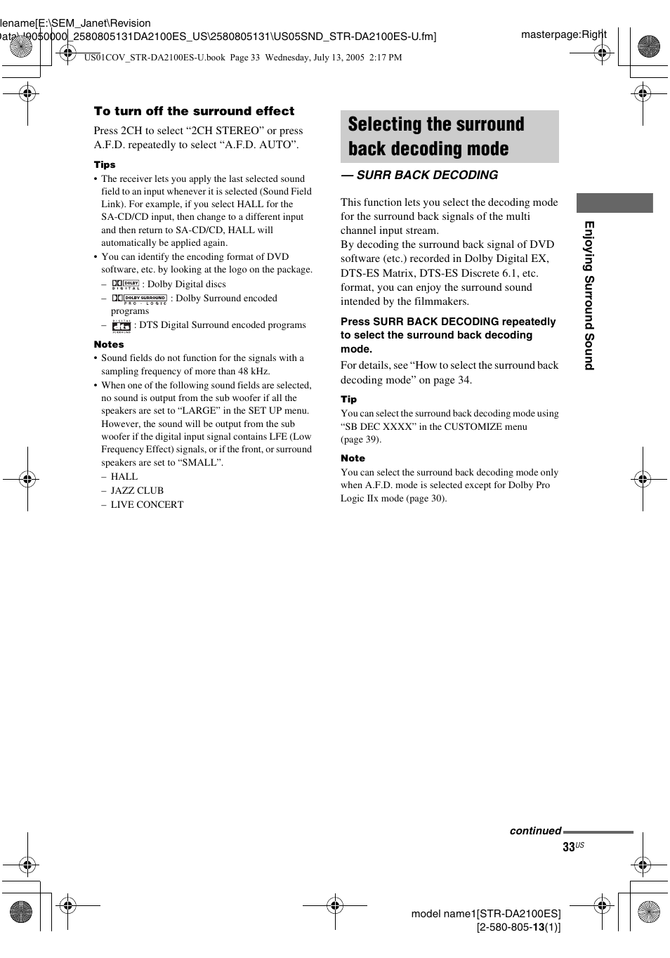 Selecting the surround back decoding mode, Surr back decoding, Selecting the surround back decoding | Mode — surr back decoding | Sony STR-DA2100ES User Manual | Page 33 / 68