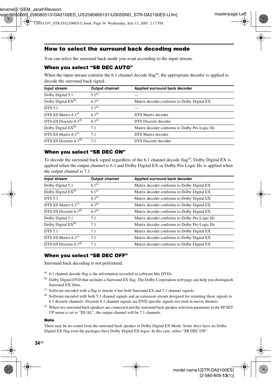 How to select the surround back decoding mode, When you select “sb dec auto, When you select “sb dec on | When you select “sb dec off | Sony STR-DA2100ES User Manual | Page 34 / 68
