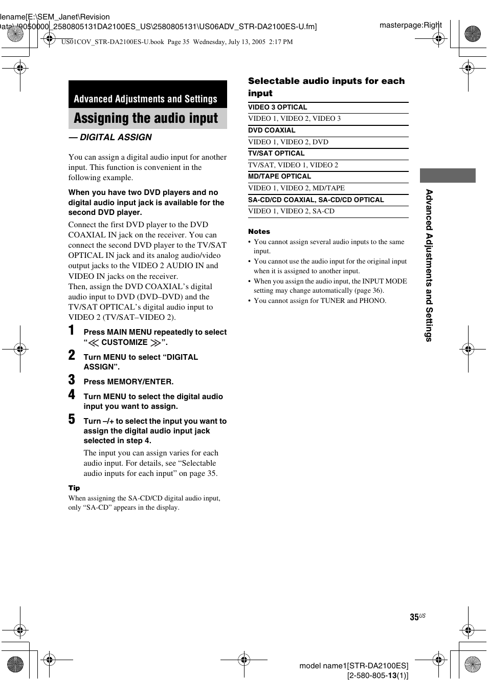 Advanced adjustments and settings, Assigning the audio input, Digital assign | Sony STR-DA2100ES User Manual | Page 35 / 68