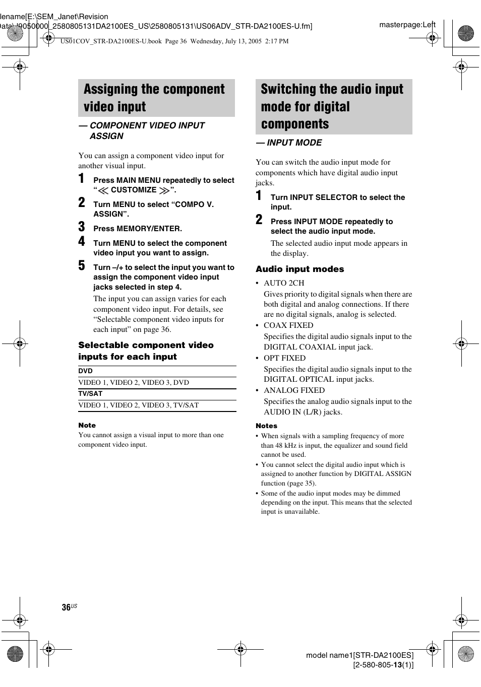 Assigning the component video input, Component video input assign, Input mode | Assigning the component video, Input — component video input assign, Switching the audio input mode for, Digital components — input mode | Sony STR-DA2100ES User Manual | Page 36 / 68