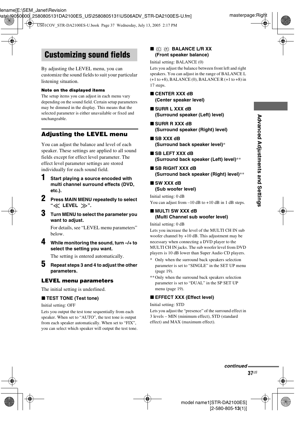 Customizing sound fields | Sony STR-DA2100ES User Manual | Page 37 / 68