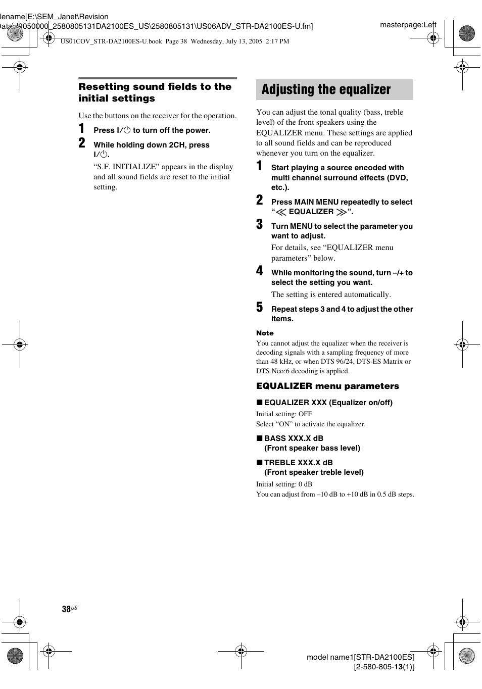 Adjusting the equalizer | Sony STR-DA2100ES User Manual | Page 38 / 68