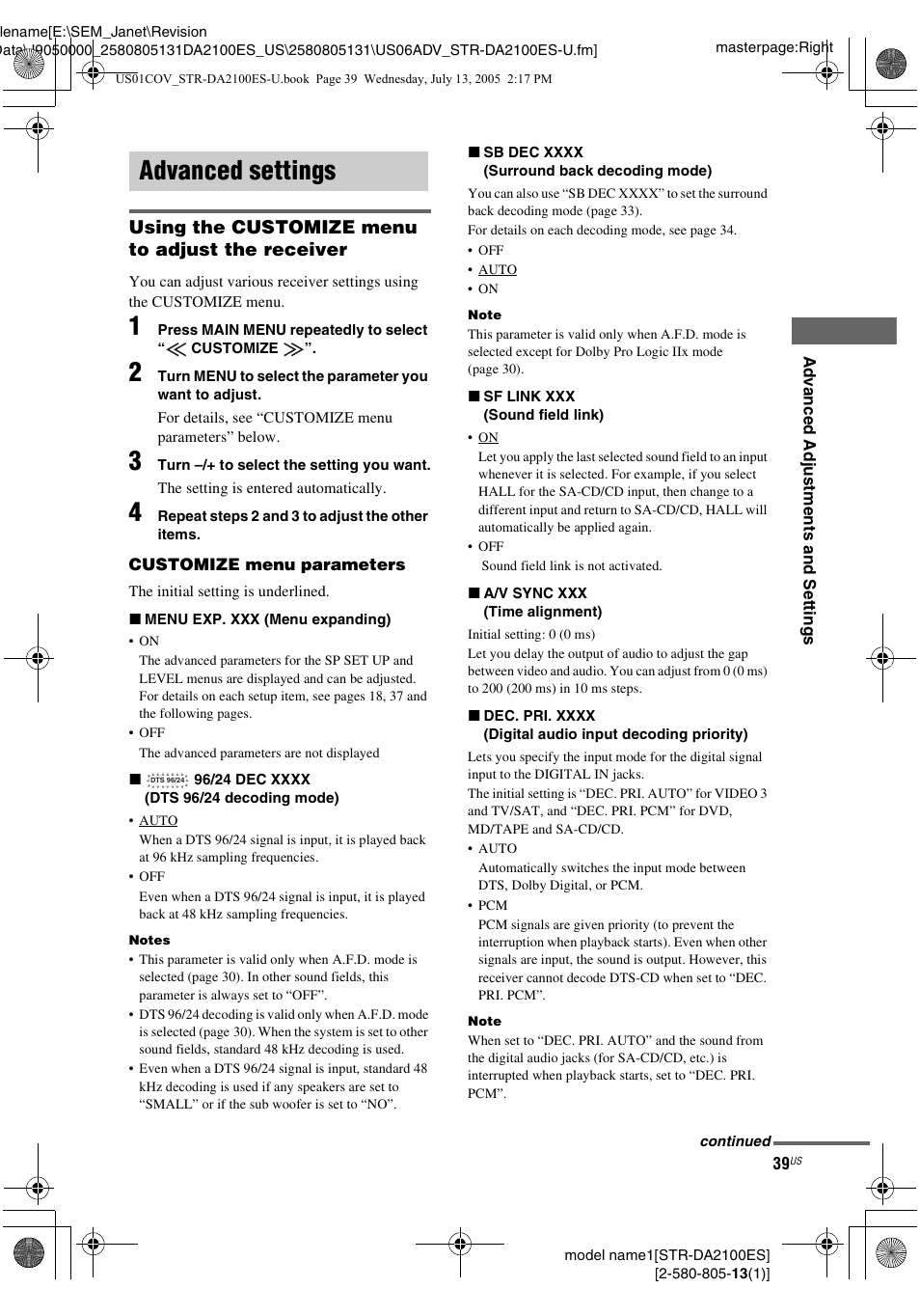 Advanced settings, Using the customize menu to adjust the receiver | Sony STR-DA2100ES User Manual | Page 39 / 68