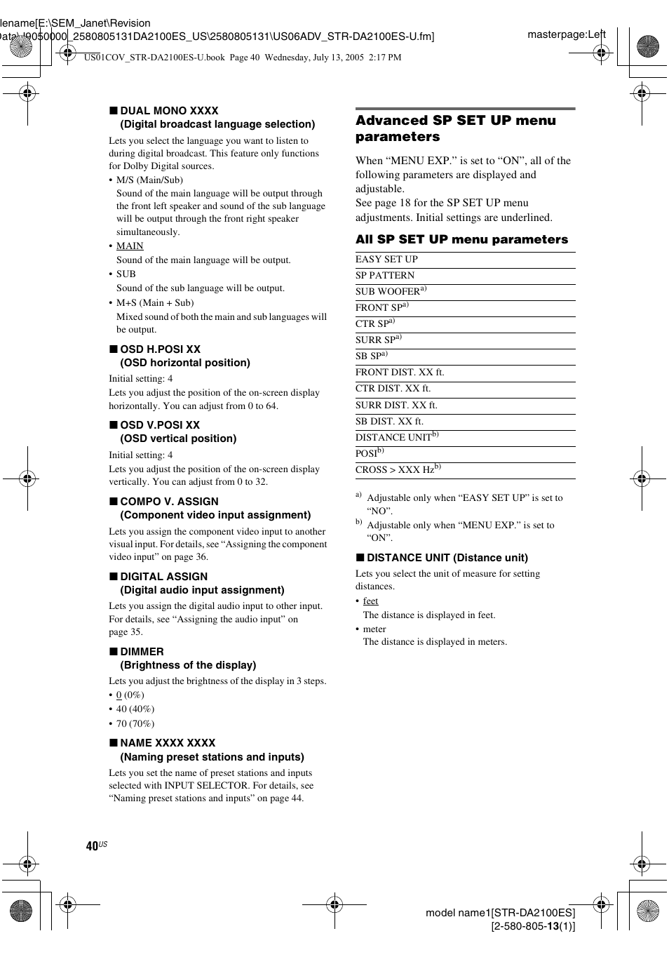 Advanced sp set up menu parameters | Sony STR-DA2100ES User Manual | Page 40 / 68