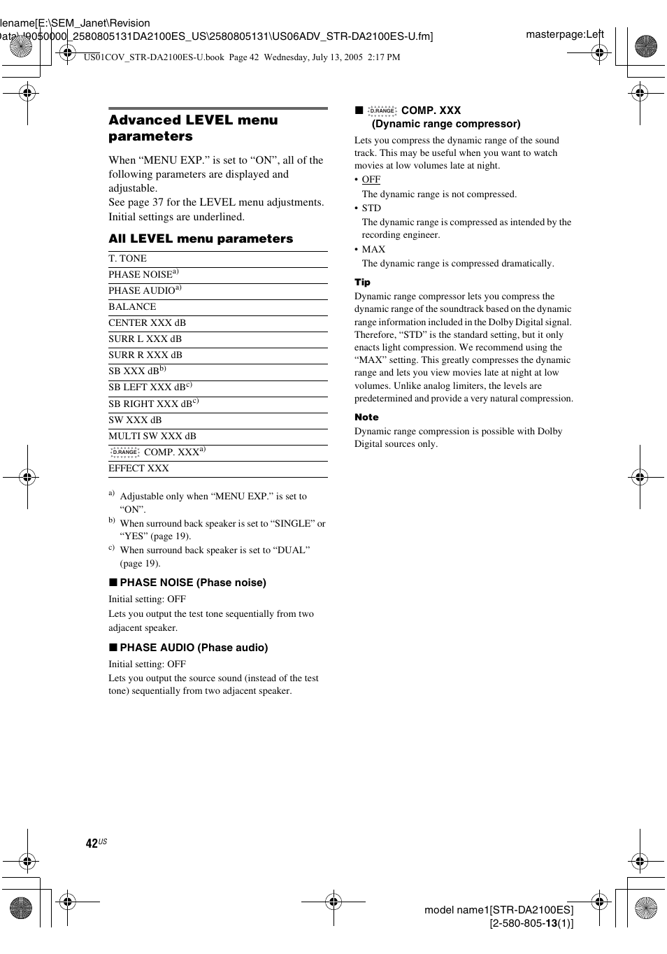 Advanced level menu parameters | Sony STR-DA2100ES User Manual | Page 42 / 68