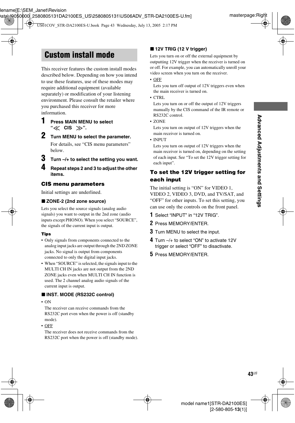 Custom install mode | Sony STR-DA2100ES User Manual | Page 43 / 68