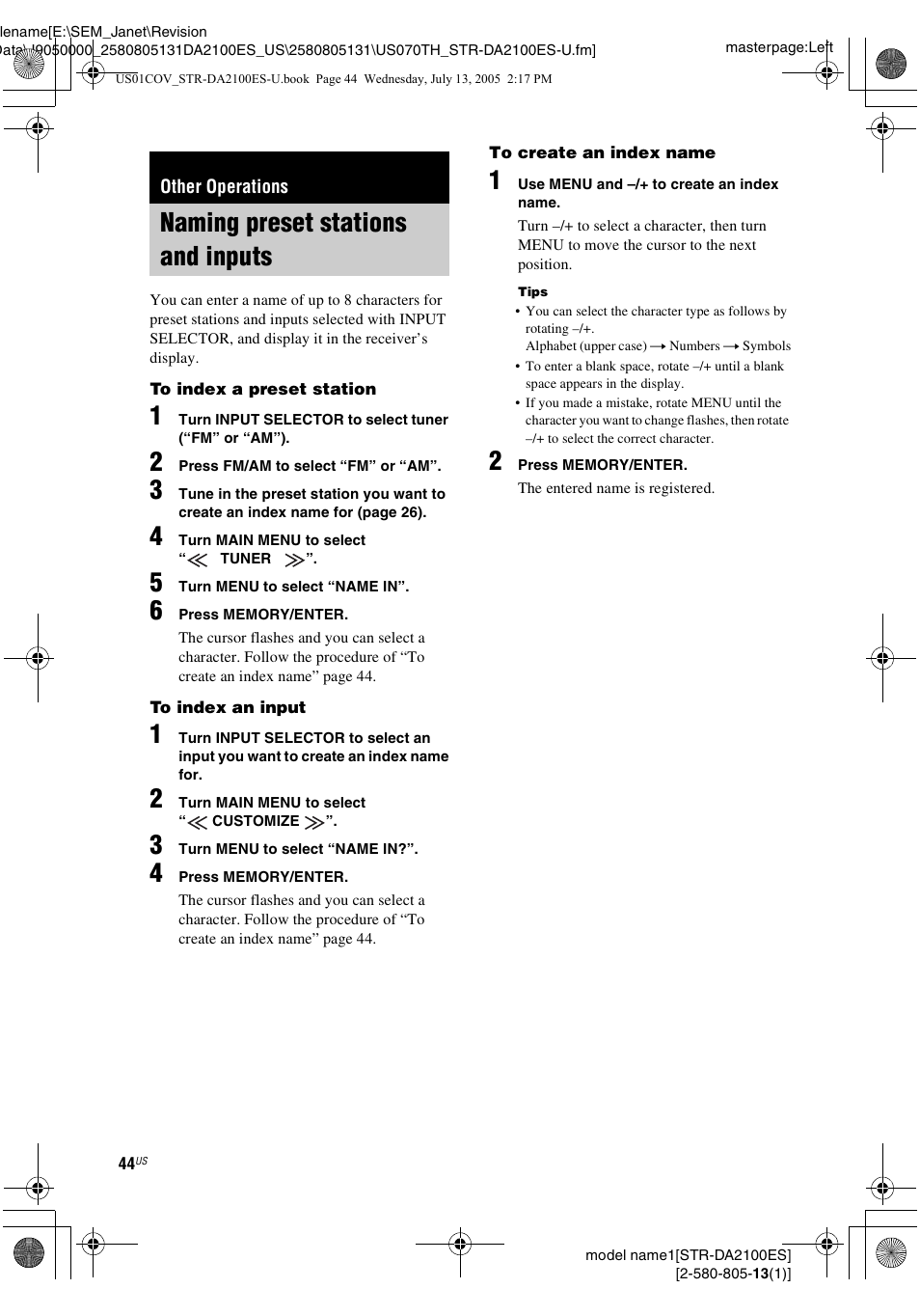 Other operations, Naming preset stations and inputs | Sony STR-DA2100ES User Manual | Page 44 / 68