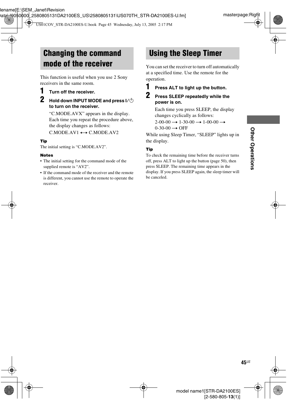 Changing the command mode of the receiver, Using the sleep timer, Changing the command mode of the | Receiver | Sony STR-DA2100ES User Manual | Page 45 / 68