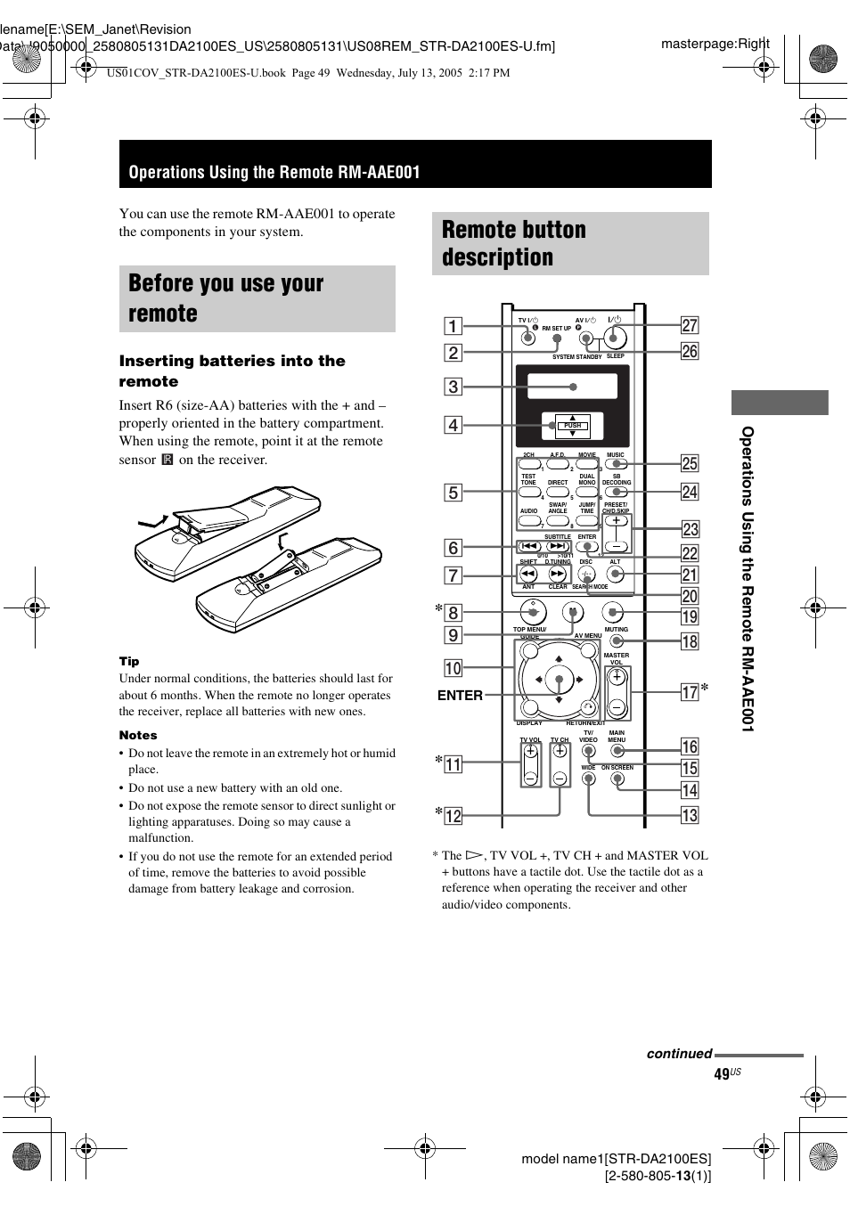 Operations using the remote rm-aae001, Before you use your remote, Remote button description | Wj wh wg wf wa w; qk qh qg qd qf qj * ws, Ope ra tions us ing the re m o te rm-aae0 0 1, Inserting batteries into the remote | Sony STR-DA2100ES User Manual | Page 49 / 68