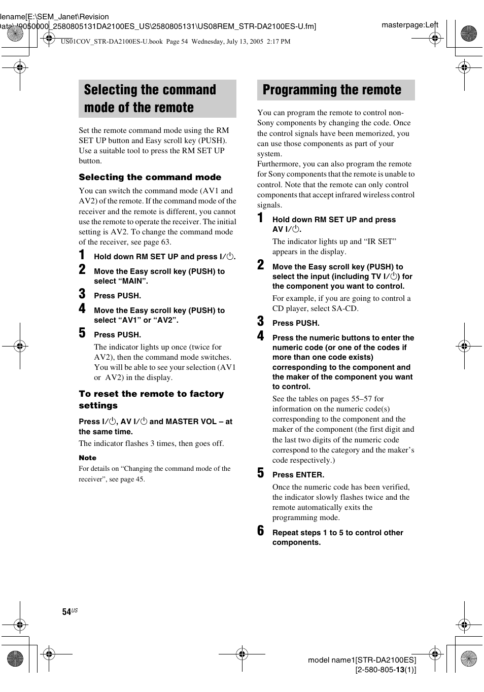 Selecting the command mode of the remote, Programming the remote, Selecting the command mode of the | Remote | Sony STR-DA2100ES User Manual | Page 54 / 68