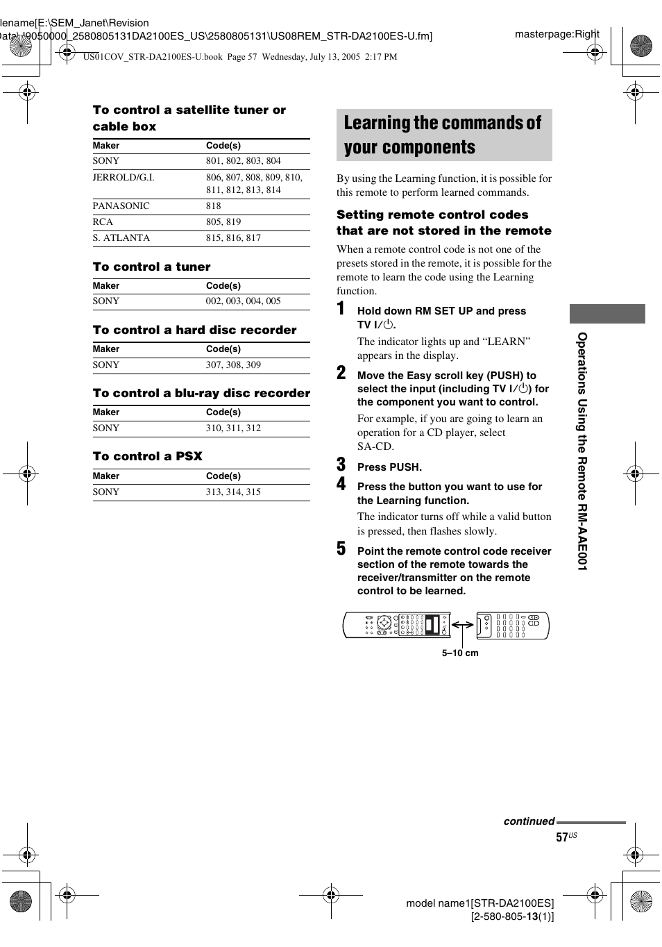 Learning the commands of your components, Learning the commands of your, Components | Sony STR-DA2100ES User Manual | Page 57 / 68