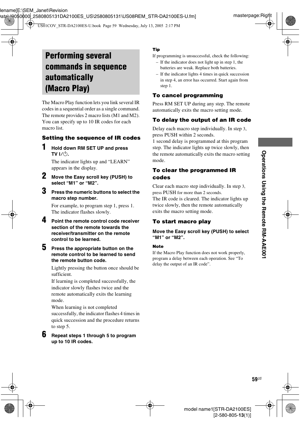 Performing several commands in, Sequence automatically (macro play) | Sony STR-DA2100ES User Manual | Page 59 / 68