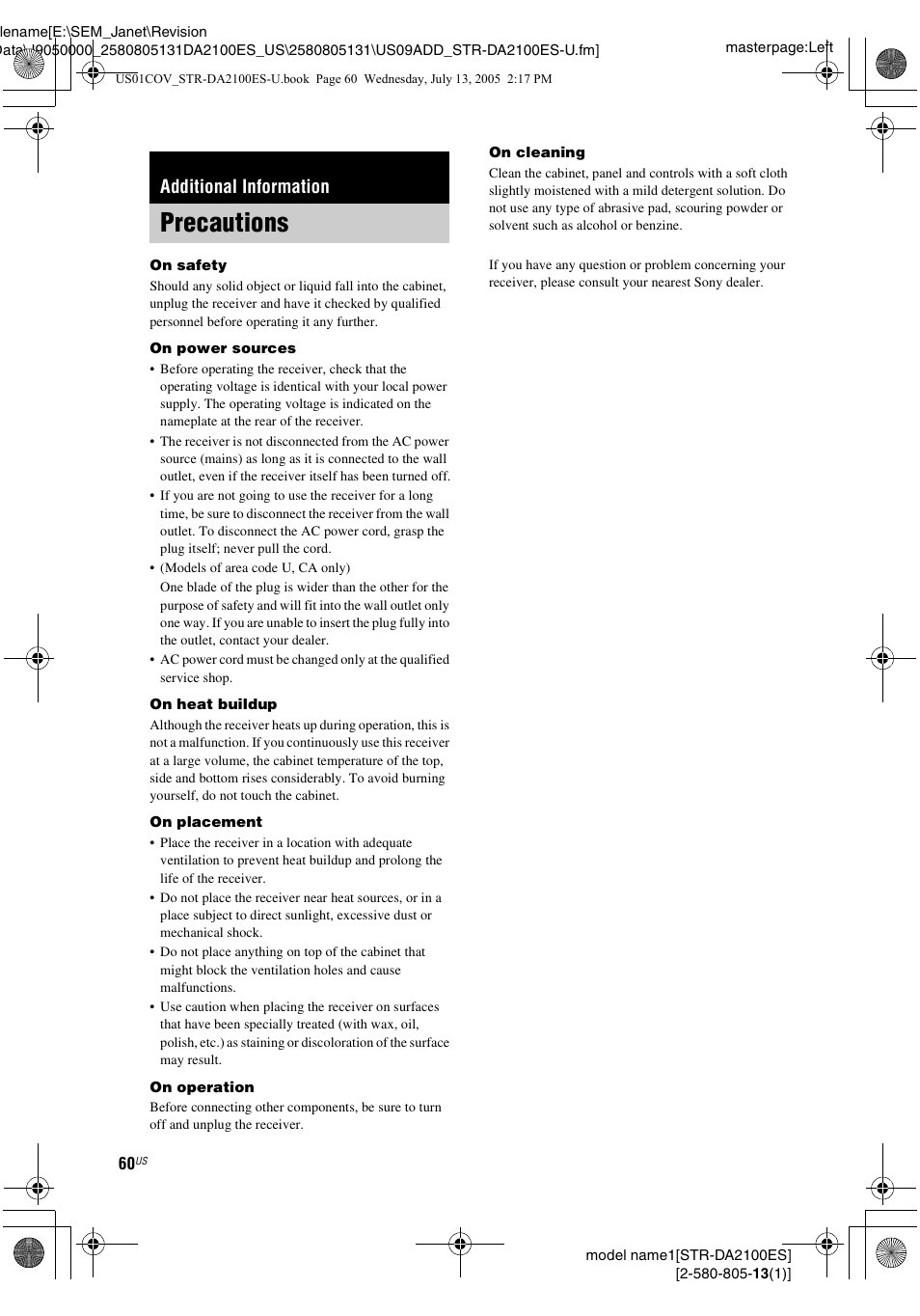 Additional information, Precautions | Sony STR-DA2100ES User Manual | Page 60 / 68