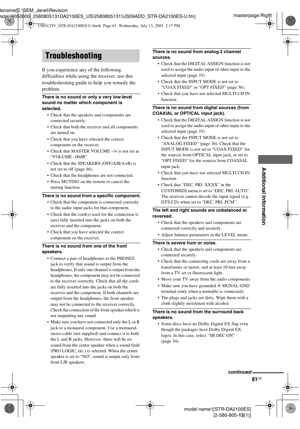 Troubleshooting | Sony STR-DA2100ES User Manual | Page 61 / 68