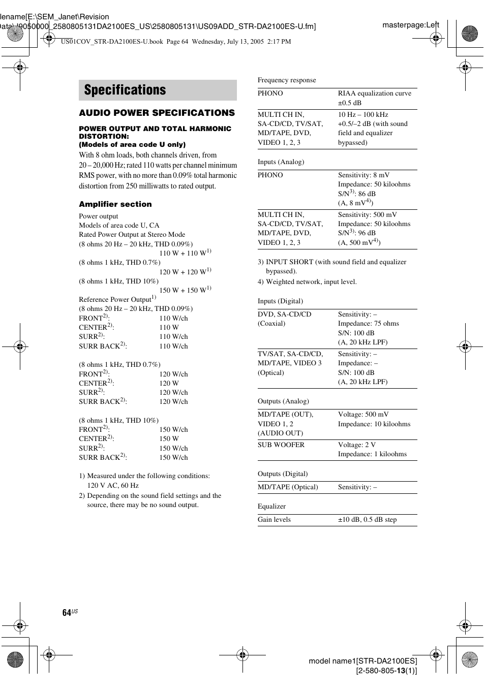 Specifications | Sony STR-DA2100ES User Manual | Page 64 / 68