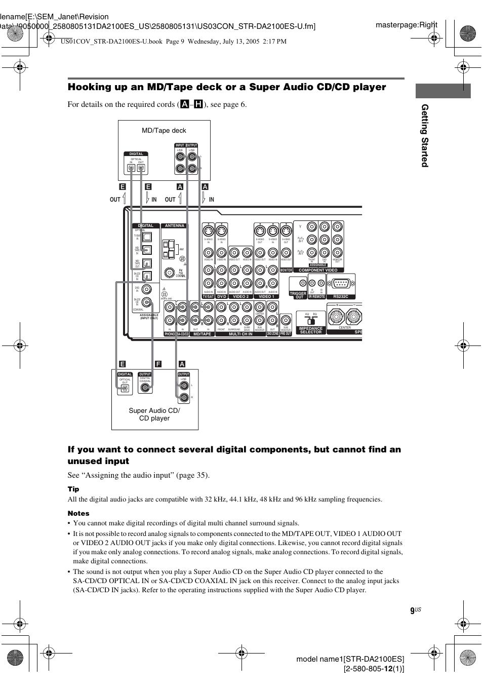 Gettin g star ted, For details on the required cords ( a, H), see page 6 | See “assigning the audio input” (page 35), Md/tape deck super audio cd/ cd player, Out l l in l l | Sony STR-DA2100ES User Manual | Page 9 / 68