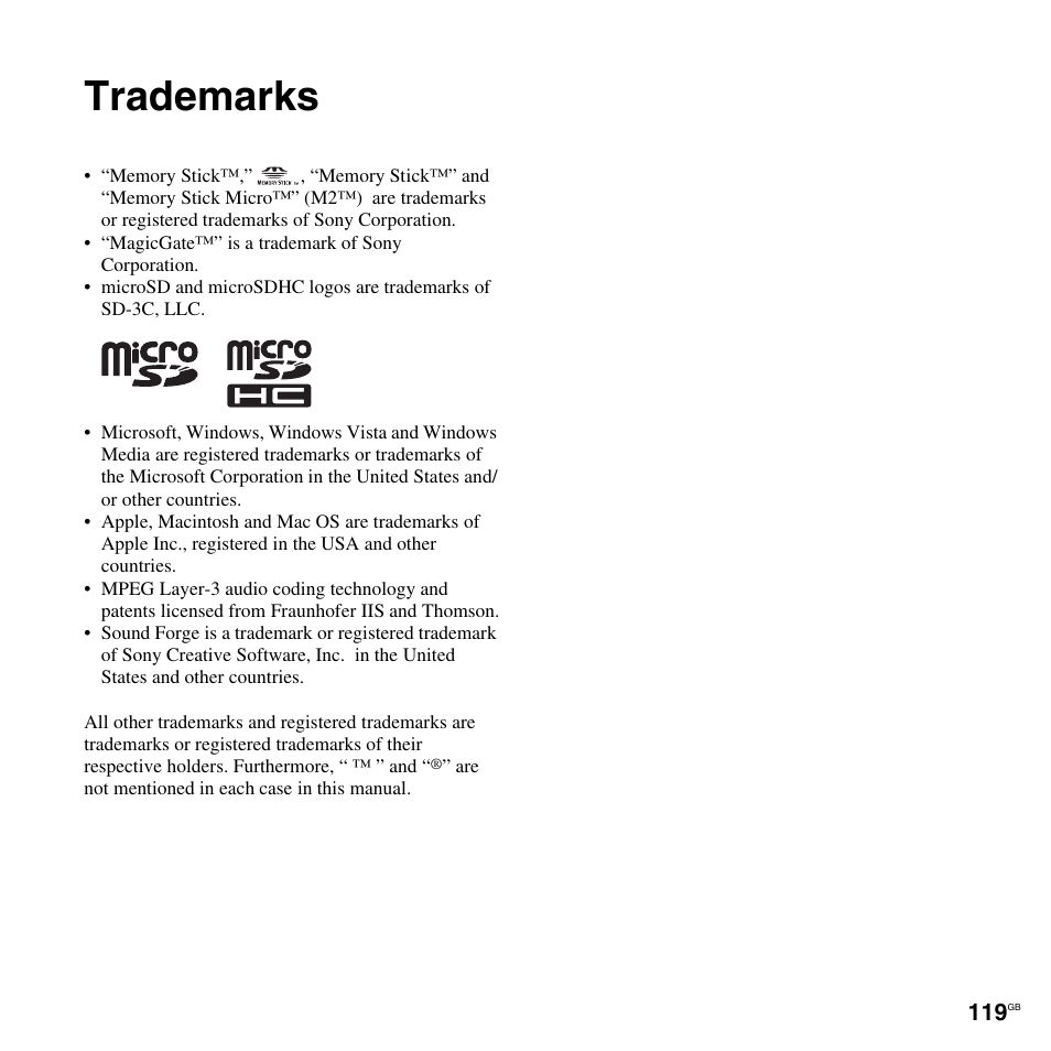 Trademarks | Sony 4-156-541-83(1) User Manual | Page 119 / 120