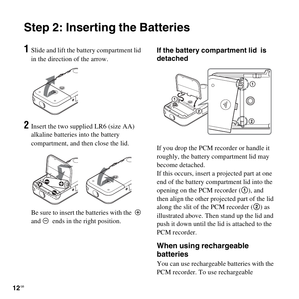 Step 2: inserting the batteries | Sony 4-156-541-83(1) User Manual | Page 12 / 120