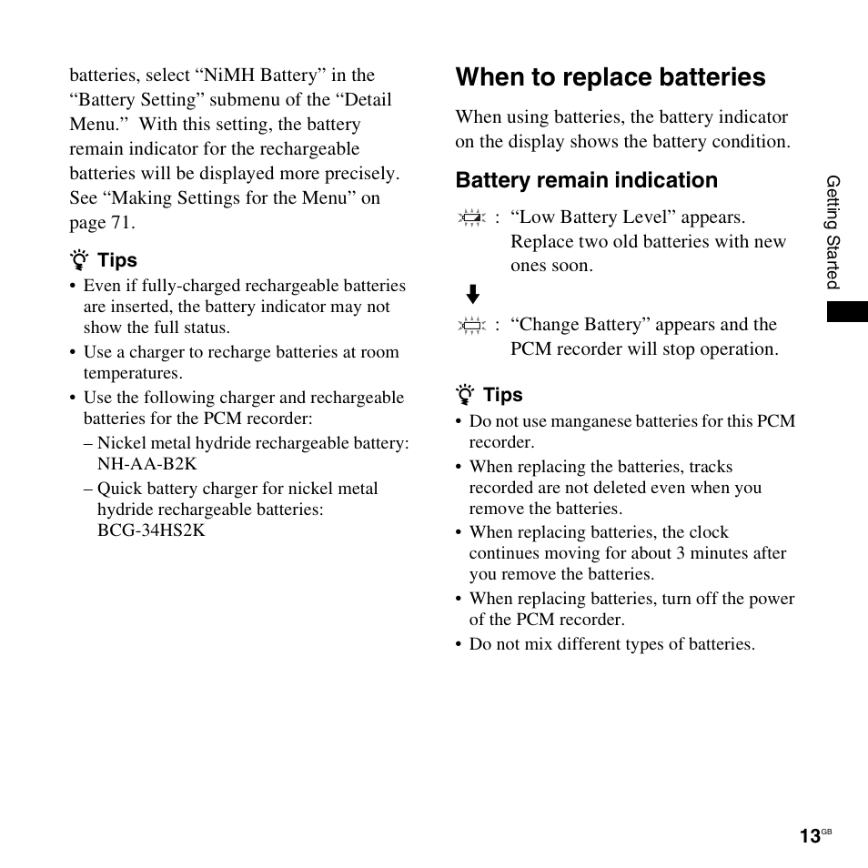 When to replace batteries, Battery remain indication | Sony 4-156-541-83(1) User Manual | Page 13 / 120