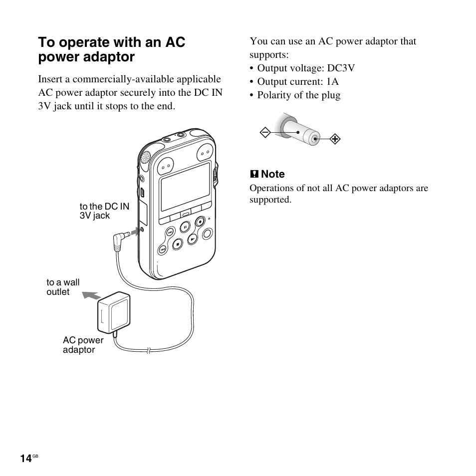 To operate with an ac power adaptor | Sony 4-156-541-83(1) User Manual | Page 14 / 120