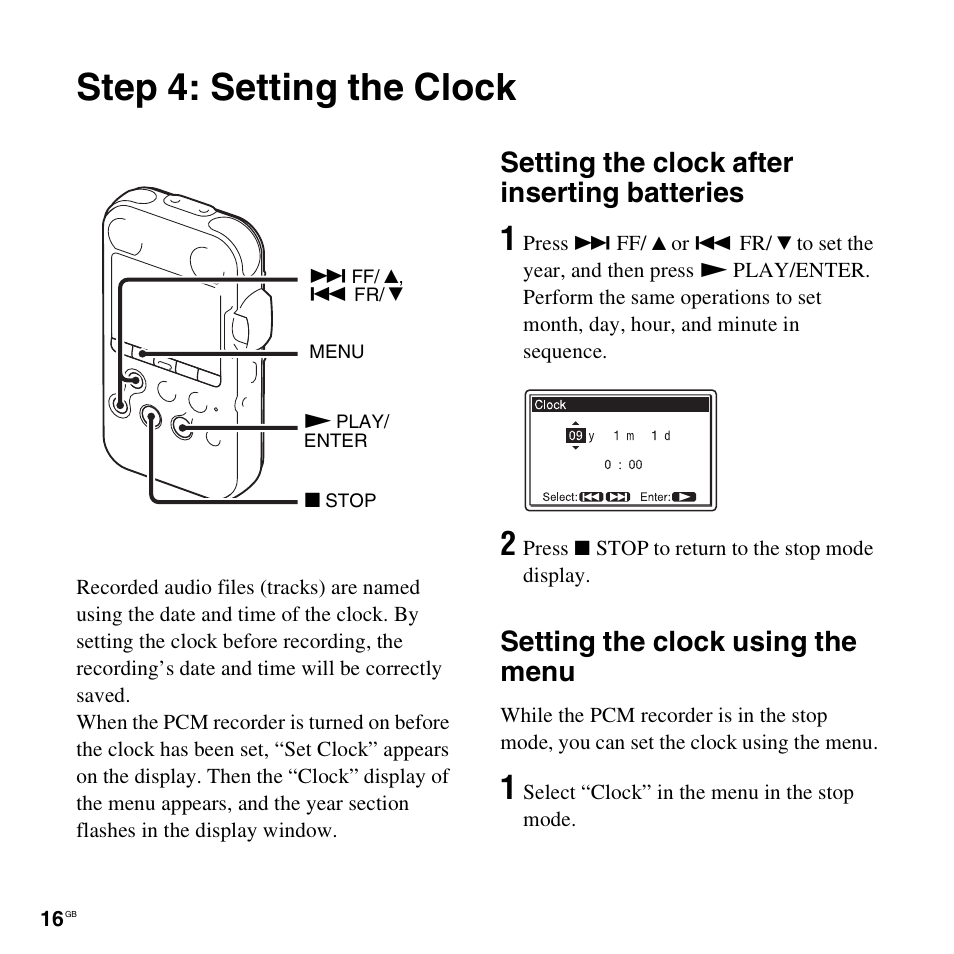 Step 4: setting the clock, Setting the clock after inserting batteries, Setting the clock using the menu | Sony 4-156-541-83(1) User Manual | Page 16 / 120