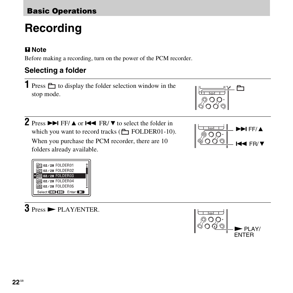 Basic operations, Recording | Sony 4-156-541-83(1) User Manual | Page 22 / 120