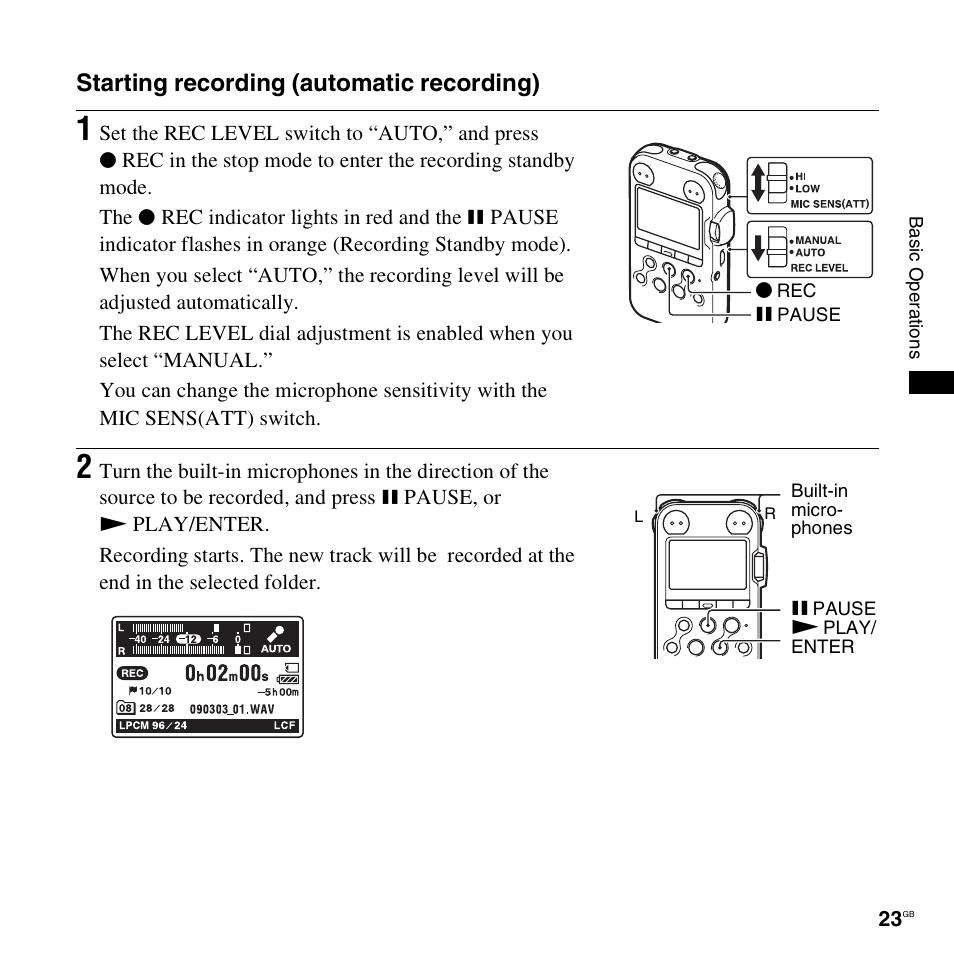 Starting recording (automatic recording) | Sony 4-156-541-83(1) User Manual | Page 23 / 120