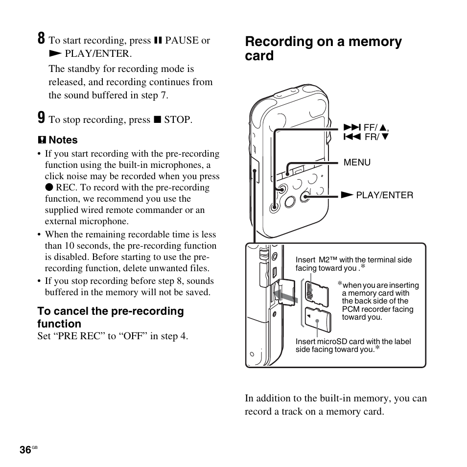 Recording on a memory card | Sony 4-156-541-83(1) User Manual | Page 36 / 120