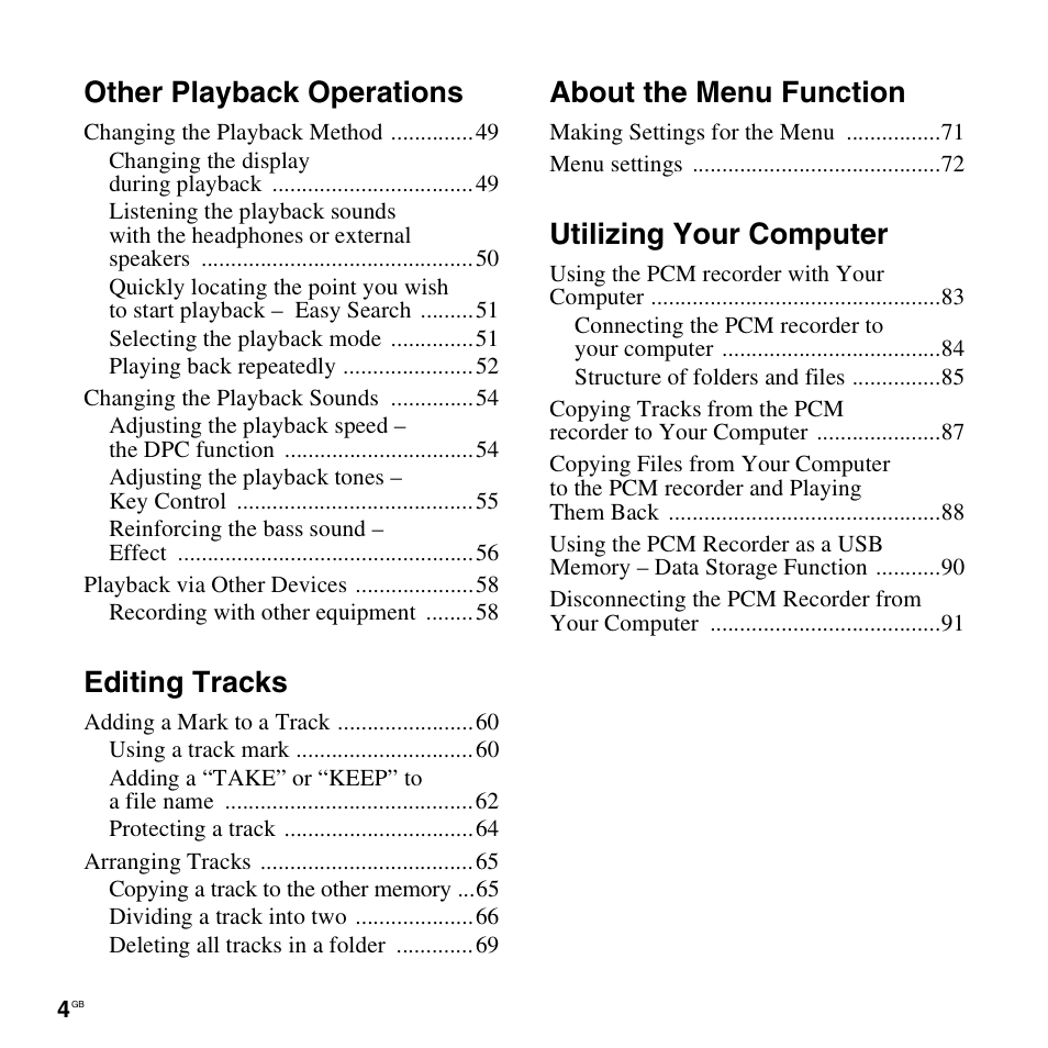 Other playback operations, Editing tracks, About the menu function | Utilizing your computer | Sony 4-156-541-83(1) User Manual | Page 4 / 120