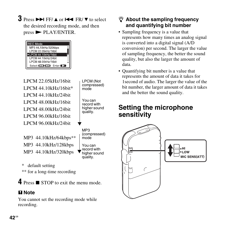 Setting the microphone sensitivity | Sony 4-156-541-83(1) User Manual | Page 42 / 120