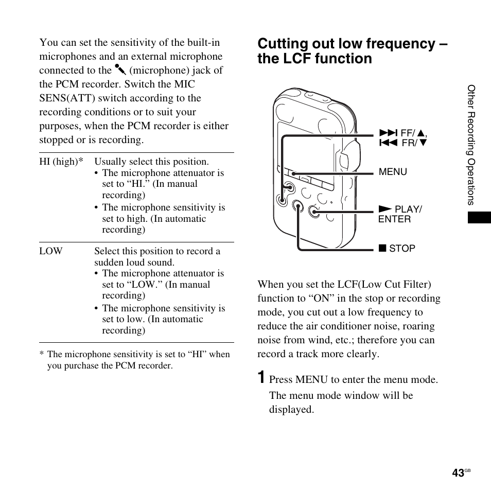 Cutting out low frequency - the lcf function, Cutting out low frequency – the lcf function | Sony 4-156-541-83(1) User Manual | Page 43 / 120