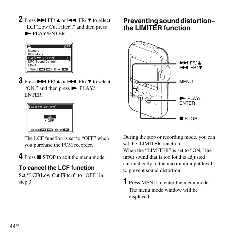 Preventing sound distortion- the limiter function, Preventing sound distortion– the limiter function | Sony 4-156-541-83(1) User Manual | Page 44 / 120