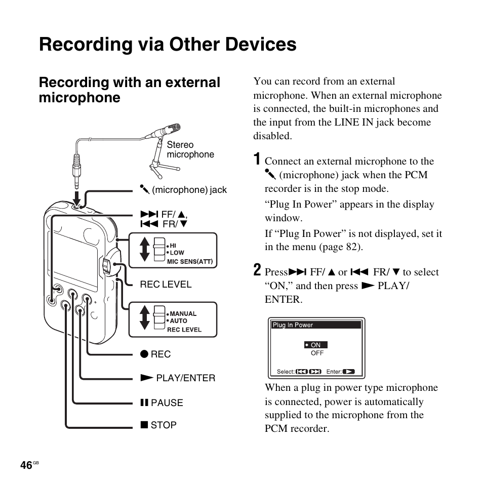 Recording via other devices, Recording with an external microphone | Sony 4-156-541-83(1) User Manual | Page 46 / 120
