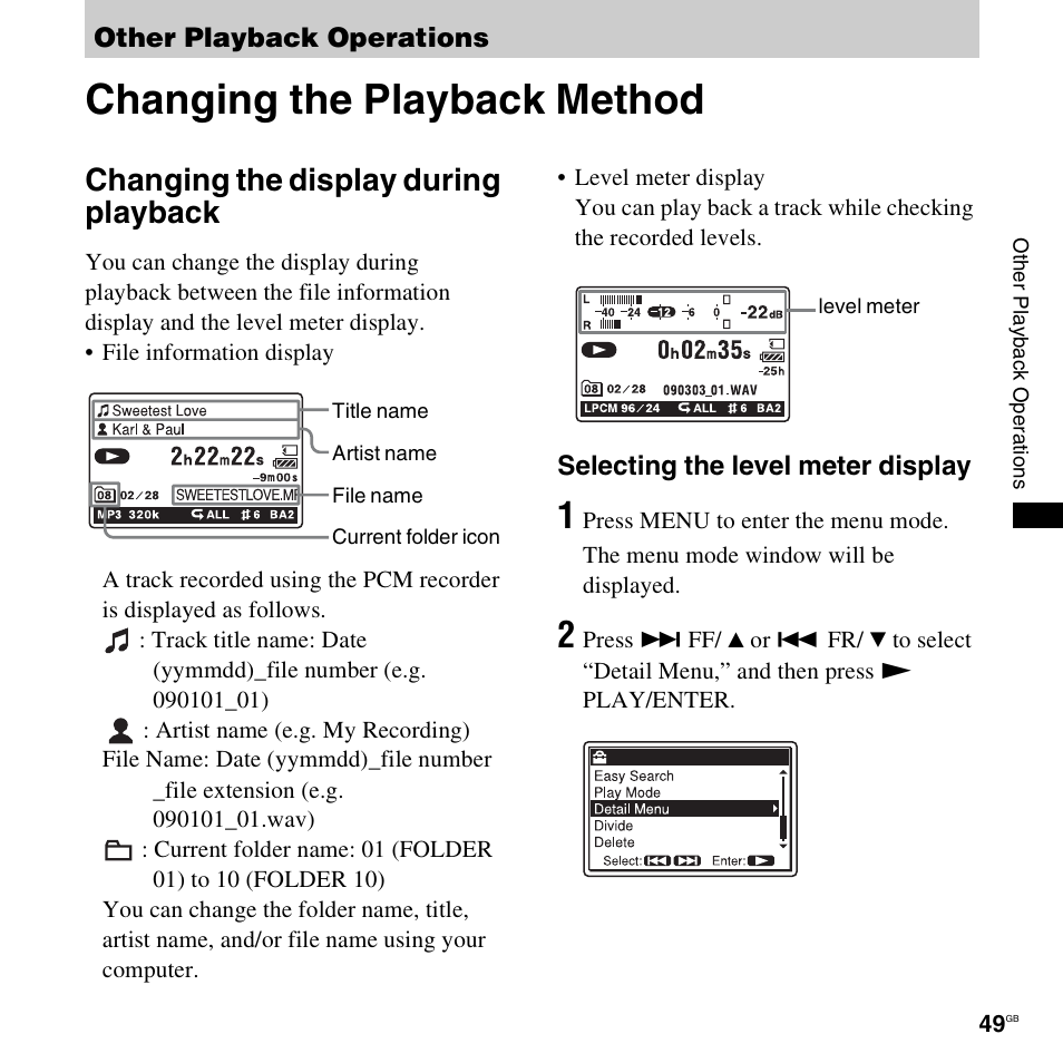 Other playback operations, Changing the playback method, Changing the display during playback | Sony 4-156-541-83(1) User Manual | Page 49 / 120