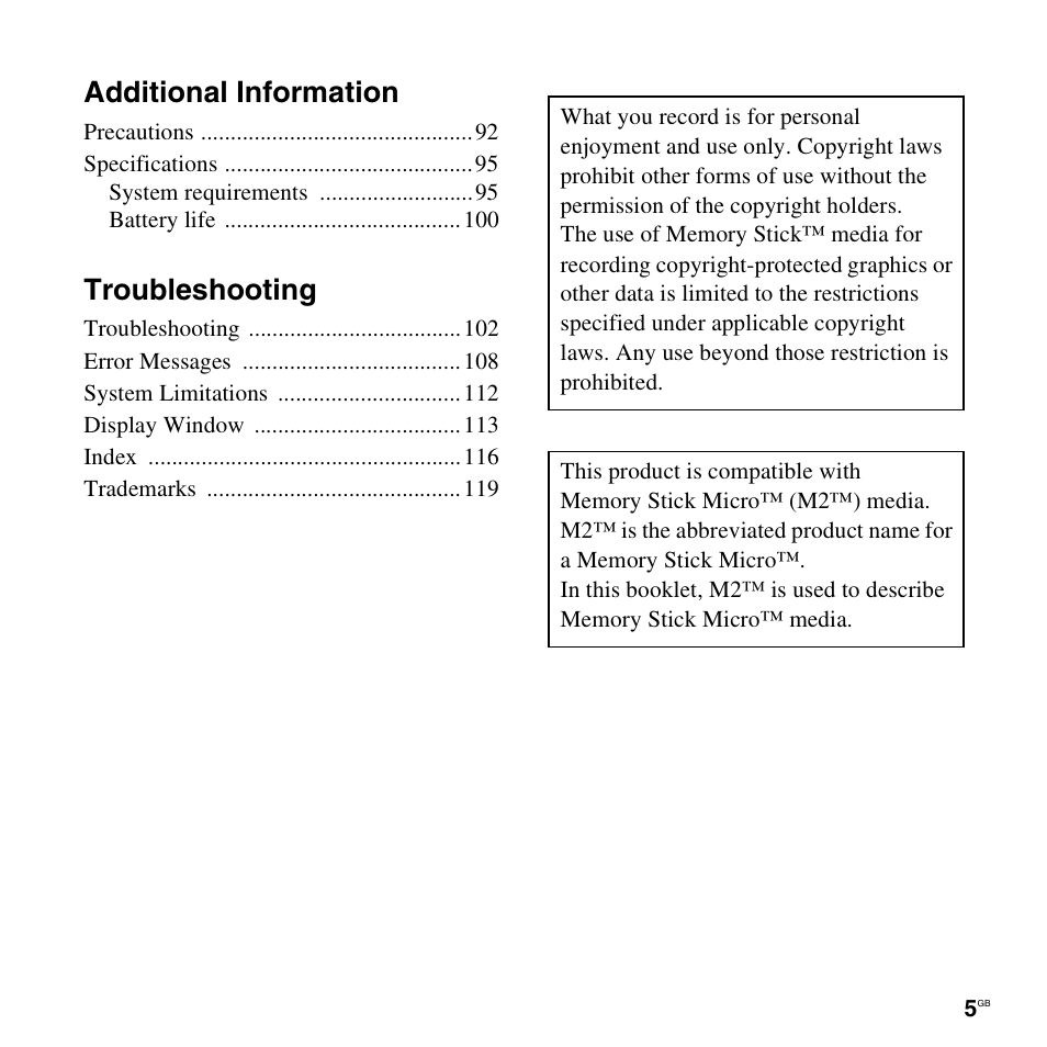 Additional information, Troubleshooting | Sony 4-156-541-83(1) User Manual | Page 5 / 120