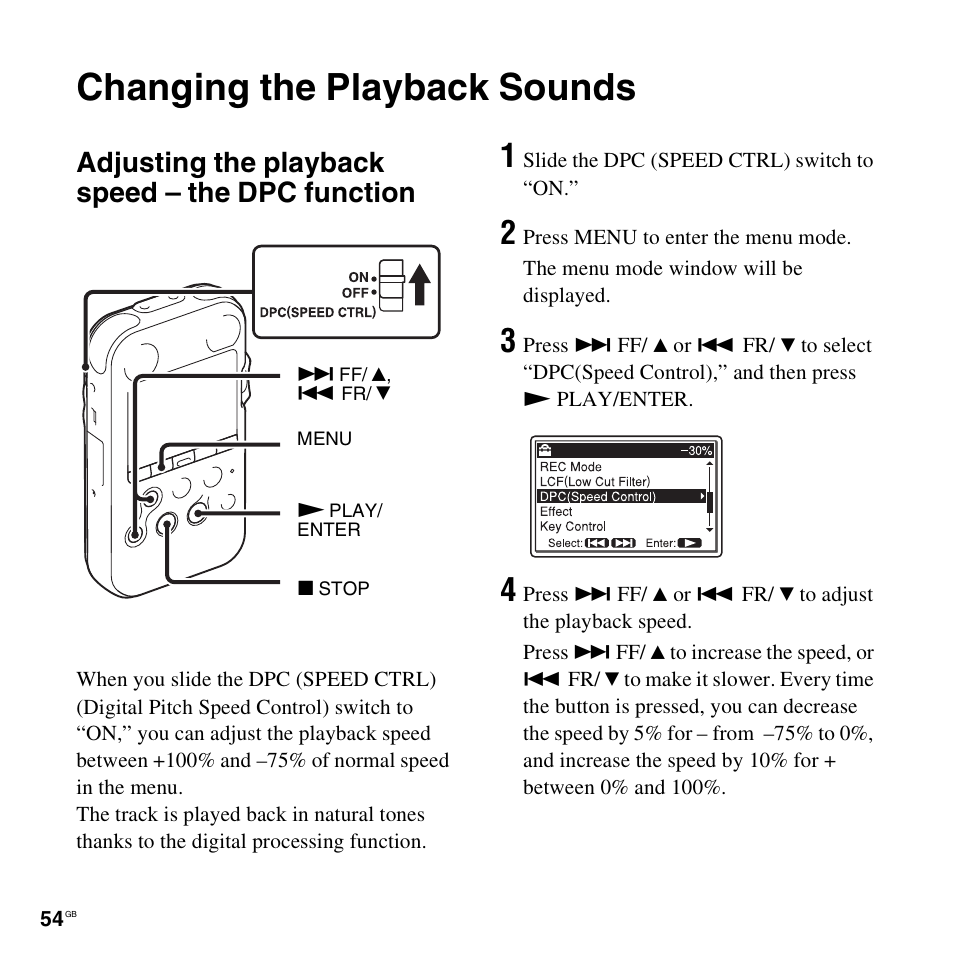 Changing the playback sounds, Adjusting the playback speed - the dpc function, Adjusting the playback speed – the dpc function | Sony 4-156-541-83(1) User Manual | Page 54 / 120