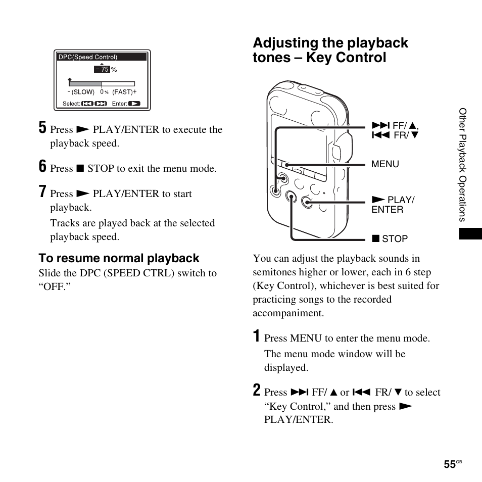 Adjusting the playback tones - key control, Adjusting the playback tones – key control | Sony 4-156-541-83(1) User Manual | Page 55 / 120